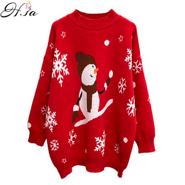 

h.sa korean style women loose style oversize pullover and jumpers o neck snowman snowflake christmas sweater cartoon pullover 210716, White;black
