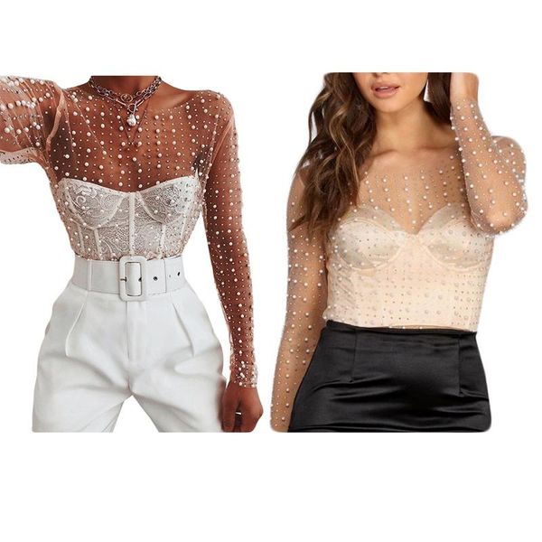 

women's blouses & shirts casual mesh pearl detail long-sleeved ladies spring summer solid color perspective short t-shirt, White
