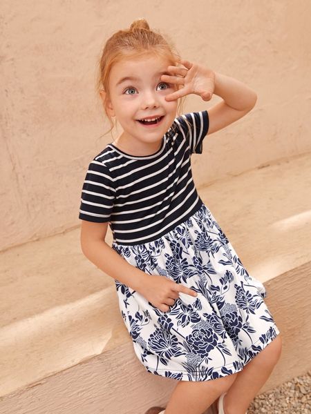 

toddler girls floral print striped dress she, Red;yellow