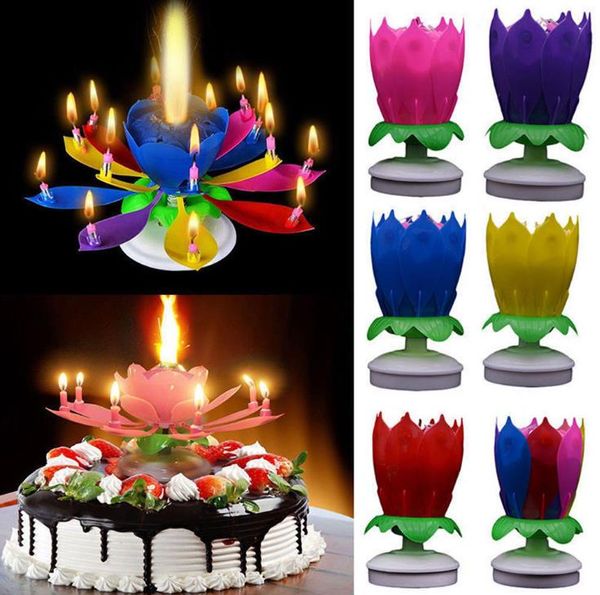 Decorazione per feste Candela di compleanno musicale Candele magiche di fiori di loto Blossom Rotating Spin 14 Small Candl 2layers Cake Topper SN5450