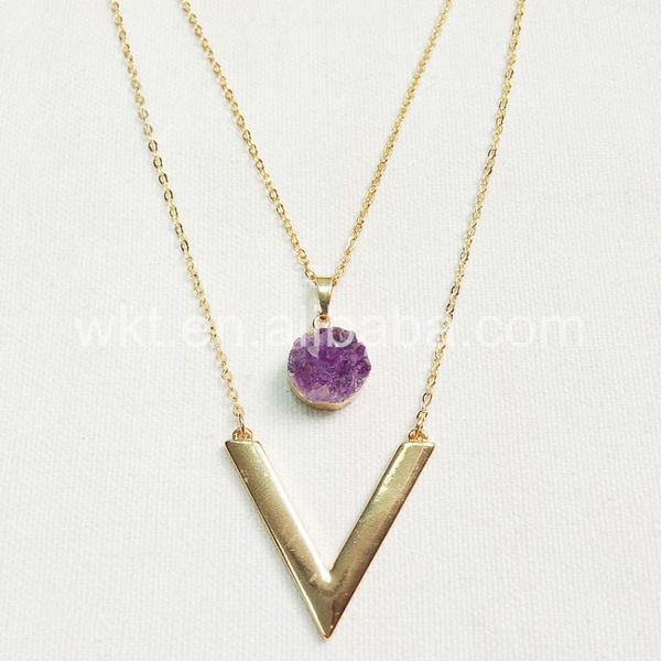 

pendant necklaces wt-n698 charm choker necklace jewelry gift for women round natural amethystine letter v 37" gold chain perfect, Silver