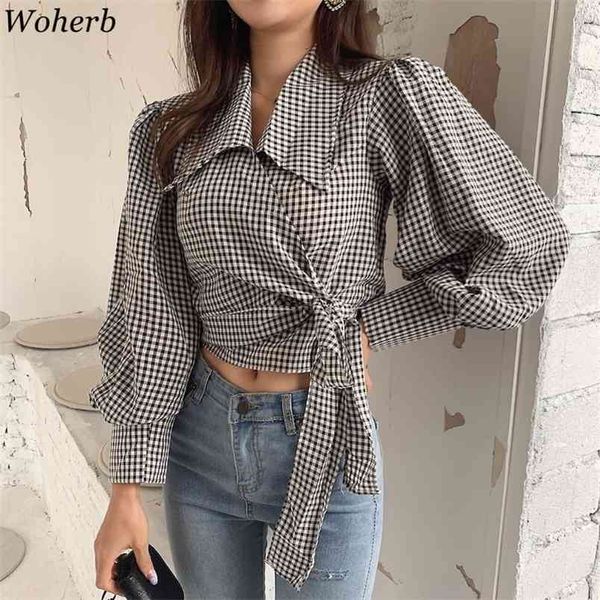

vintage plaid bandage blouse women elegant lantern sleeve shirt korean chic solid all match femme casual blusas 210519, White