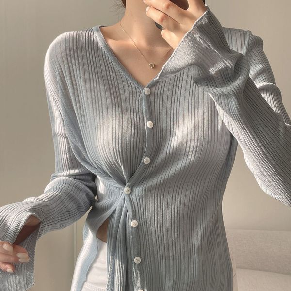 

women's sweaters chic korean spring and autumn design sense displacement divided waist button neck v thin sweater cardigan kic2, White;black