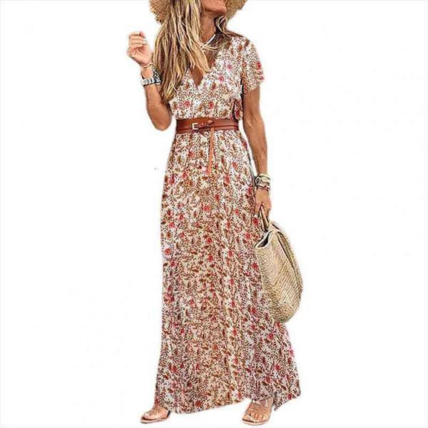 

plus size fashion boho women dress paisley print large hem short sleeve v neck slit hem belt maxi dress, Black;gray