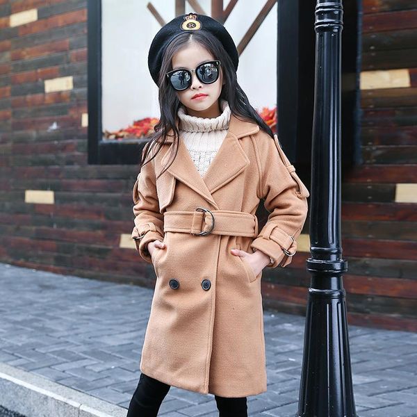 

children's clothing 2021 spring and autumn solid color wild long section woolen coat double breasted jacket girls, Blue;gray