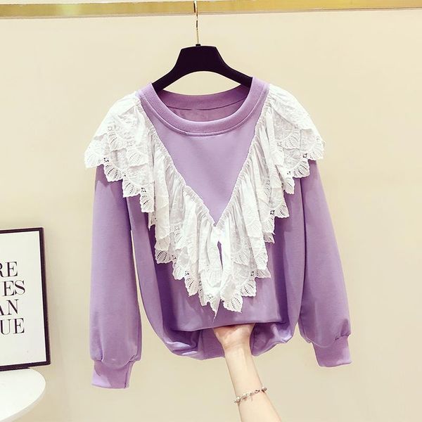 

women's hoodies & sweatshirts lace patchwork casual female 2021 autumn winter lazy wind loose pullover long sleeve jumper women sweatsh, Black