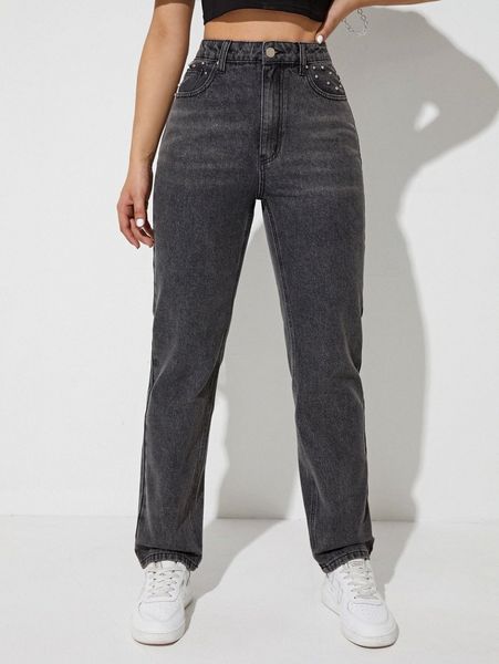 

high waist beaded straight leg jeans g6nt#, Blue