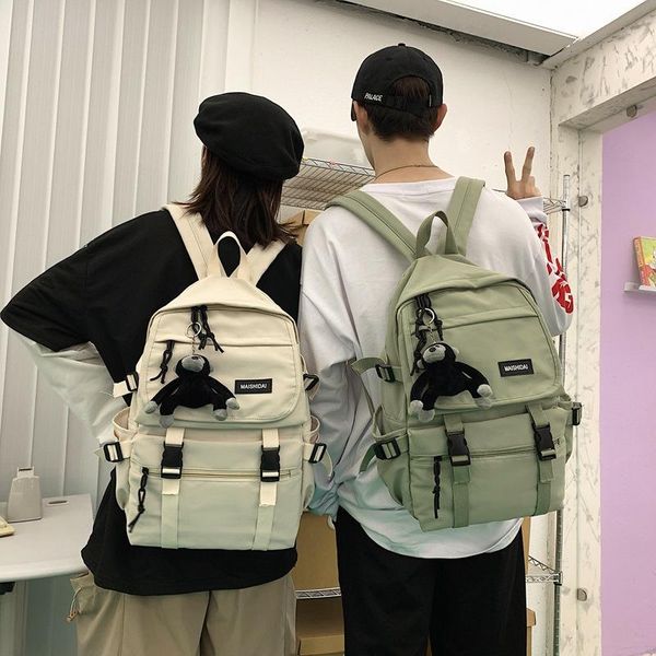 

backpack college trend cool tooling style boys and girls student schoolbags all-match solid color travel