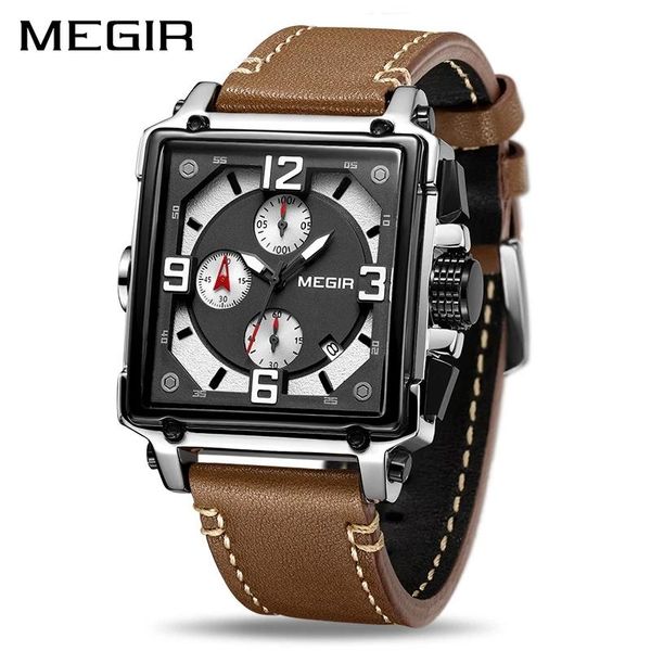 

wristwatches megir mens watches chronograph quartz watch luminous waterproof clock men sport army military, Slivery;brown