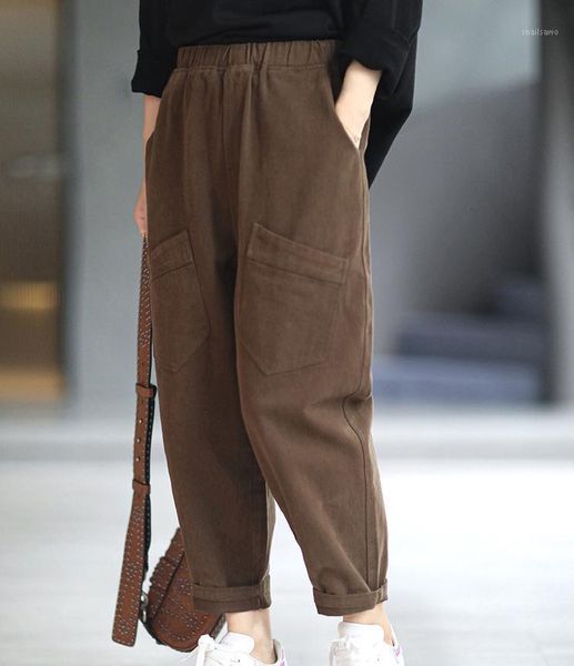 

women's pants & capris women 2021 retro loose thicker all-match trousers autumn winter ladies elastic waist pocket casual, Black;white