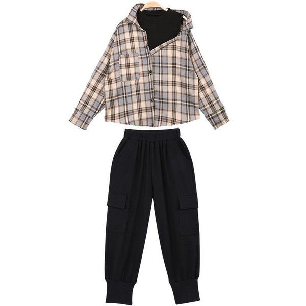 

children's suit spring and autumn clothes 20210 girls plaid shirt clothing sets, White