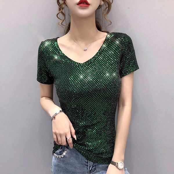 

streetwear v-neck sequins shirt slim short sleeve bottoming tshirt plus size women roupas feminina women's t-shirt, White