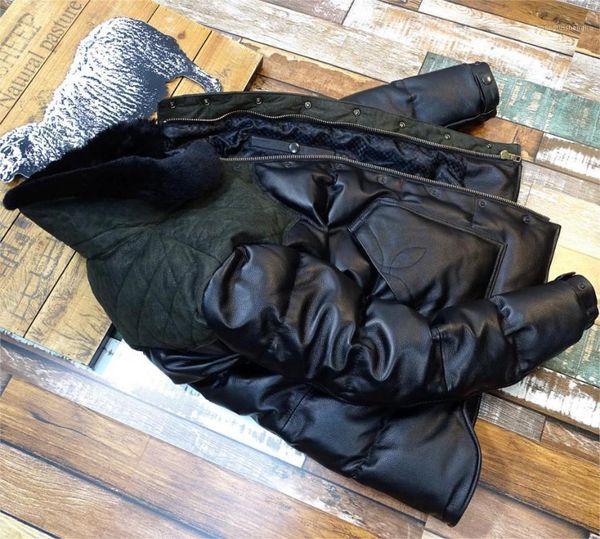 

men's leather & faux fur collar cowhide down bread jacket warm, Black