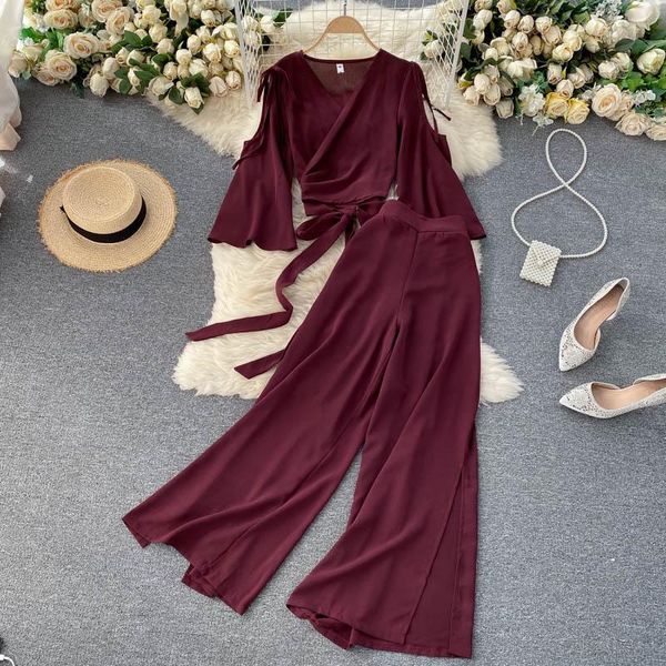 

women's two piece pants korean suit off shoulder chiffon short +high waist wide leg split long set, White