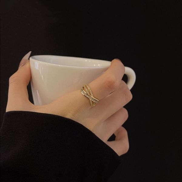 

cluster rings aomu trendy personality shiny crystal irregular cross gold color opening metal ring for women girls fashionable jewelry, Golden;silver