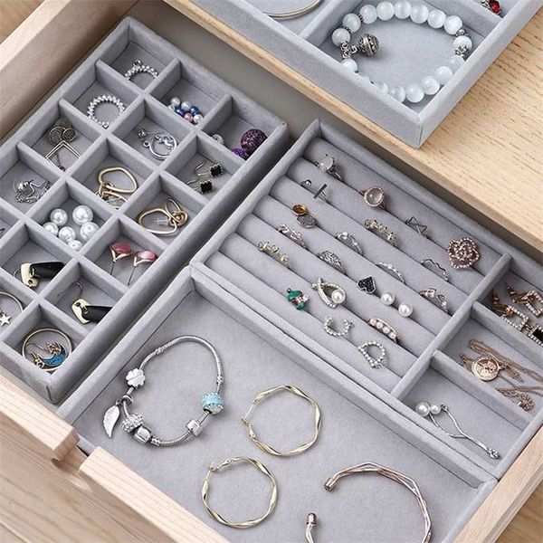 

thick velvet jewelry storage tray necklace ring bracelet holder display stand drawer gray organizer case box 211105, Black