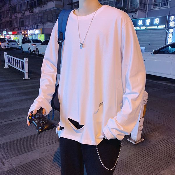 

men's t-shirts ebaihui spring/autumn instagram long sleeve t-shirt korean trend loose round collar tshirts student ripped bottom s, White;black