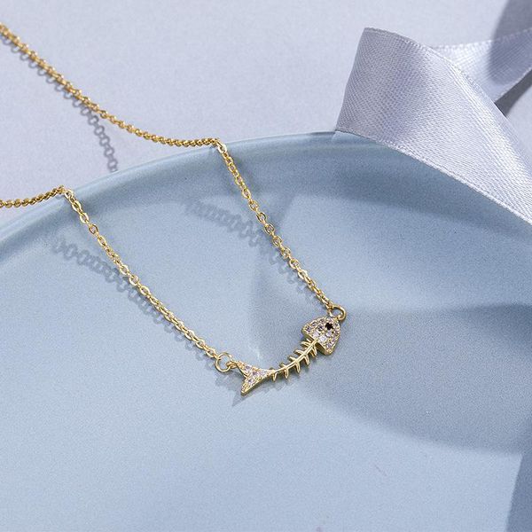 

pendant necklaces fish bone necklace women stainless steel collarbone chain temperament zircon neck jewelry, Silver