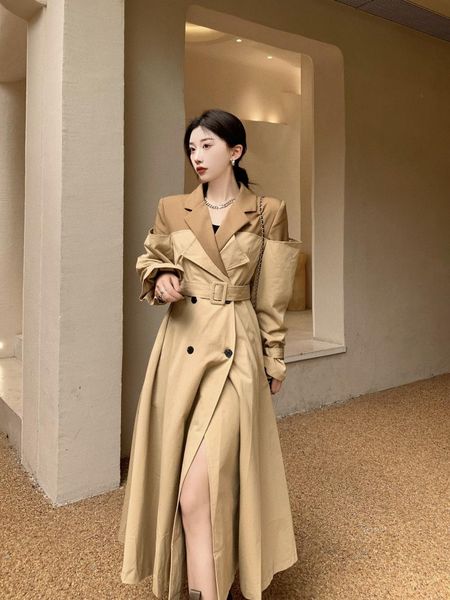 

women's trench coats contrasting waist strap for slimming and medium-long windbreaker jacket s181., Tan;black