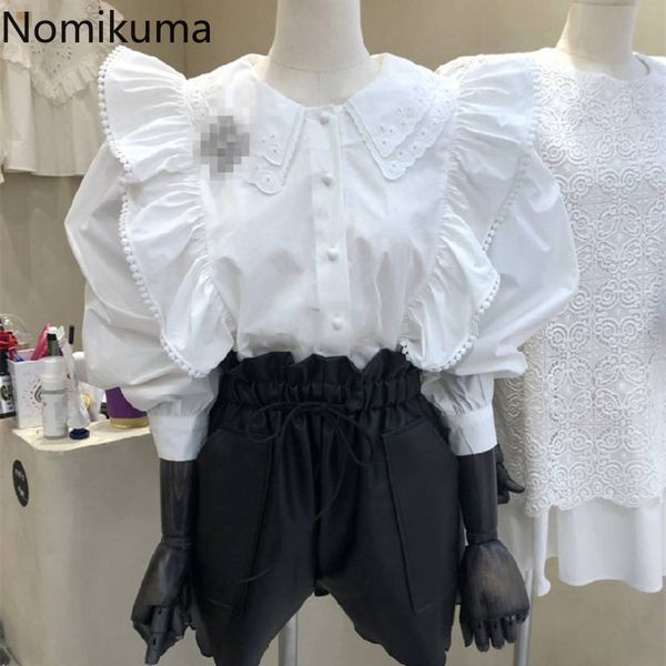 

nomikuma spring new women blouse korean ruffle patchwork sweet shirt causal long sleeve turn-down collar blusas 6e325 210427, White