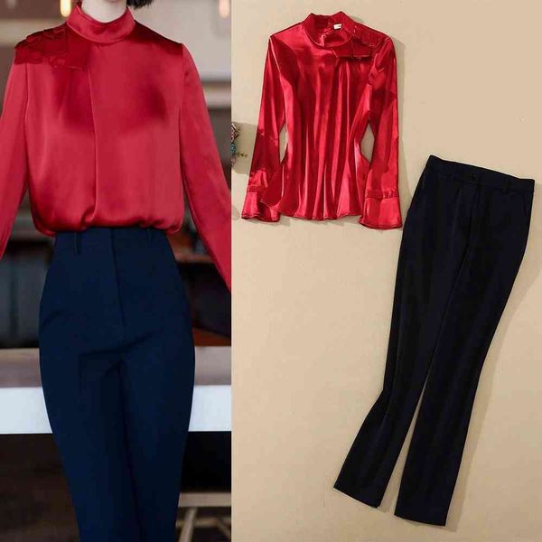

women's two piece pants european and american autumn catwalk high-quality office lady wooden ear stitching shirt + pencil pants 6q3r, White