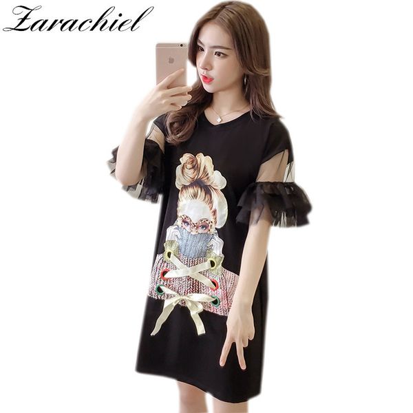 

fashion summer long t shirt loose korean print butterfly sleeve stitch mesh hollow out lace-up woman cotton t-shirt 210416, White