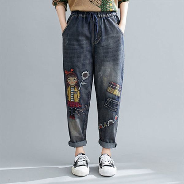 

women's jeans autumn arts style women elastic waist patchwork cartoon embroidery loose casual cotton denim harem pants m524 4efl, Blue