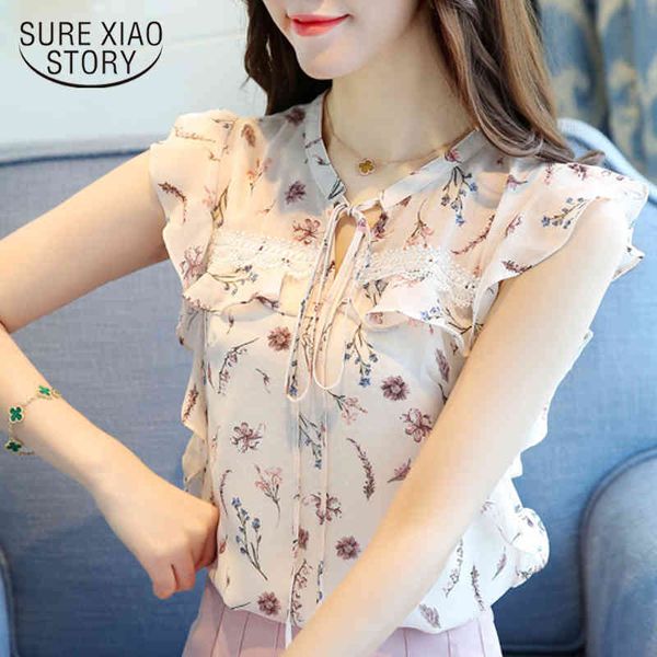 

korean fashion plus size women blouse shirt sleeveless print chiffon blusas 's clothing 0026 30 210508, White