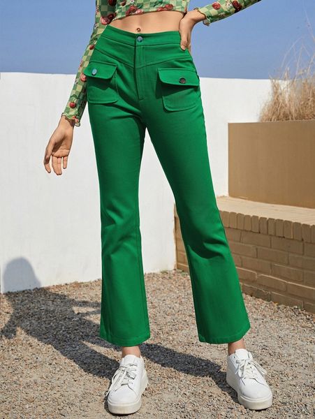 

flap pocket flare leg pants w9an#, Black;white