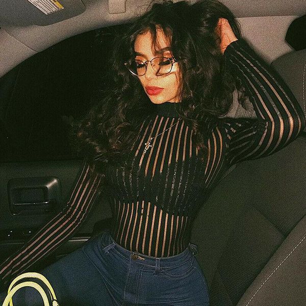 

women's jumpsuits & rompers women bodysuit striped see through mesh female spring lady club long sleeve bodycon leotard black clothing, Black;white