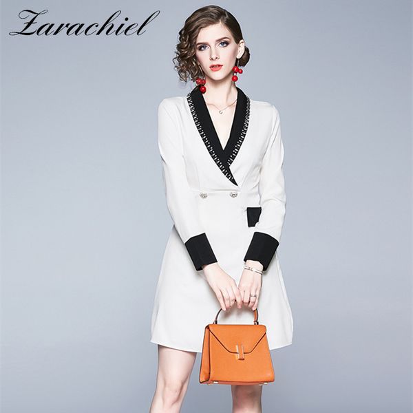 

women elegant office beaded diamonds button contrast color notched blazer dress female long sleeve high waist ladies vestidos 210416, Black;gray