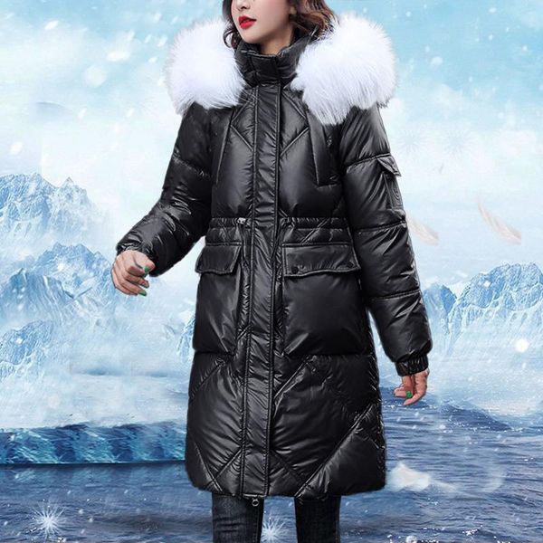 

long jacket down & parkas winter cotton coat stylish fur collar windproof for women, Black
