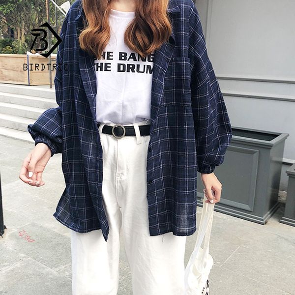 

2021 new woman vent vintage plaid shirt single breasted turn down collar cotton long sleeve button feminina sales t8d512z, White