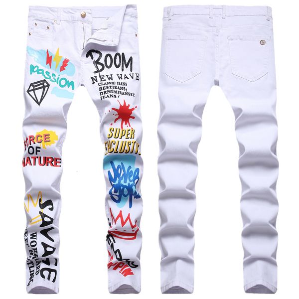 

jeans men's stretch printed white slim fit flower pants fashion men's trendy, Blue