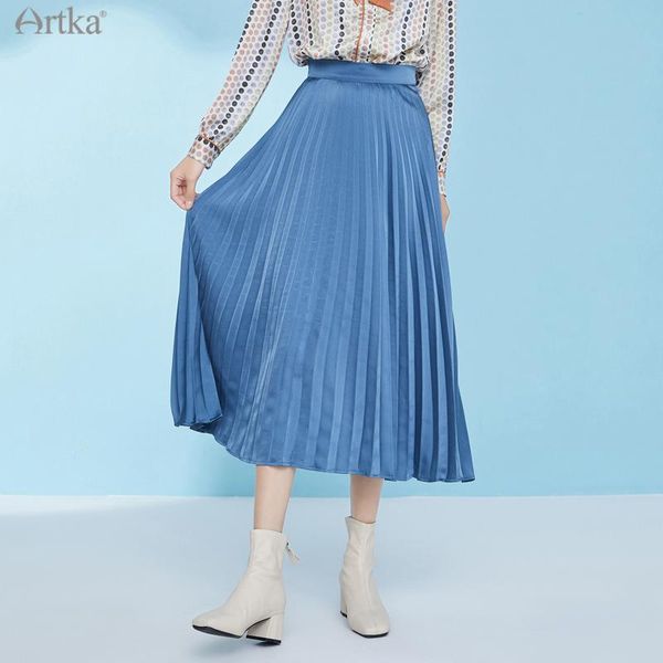 

skirts artka 2021 spring women skirt fashion high waist blue long a-line soft satin pleated qa22021c, Black