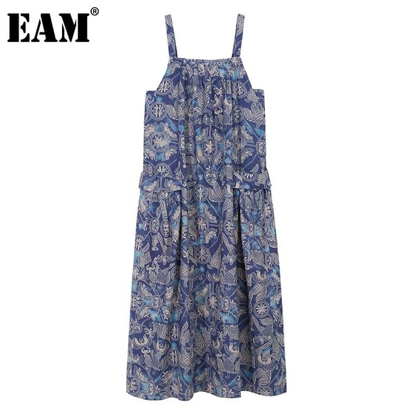 

[eam] women blue pattern printed pleated long strapless dress sleeveless loose fit fashion spring summer 1dd8713 210512, Black;gray