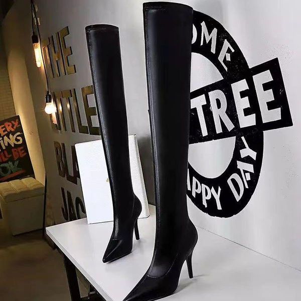 

boots slim women's high heel fashion nightclub pointed pedicure skinny female leg knee elasticity ladies black stiletto