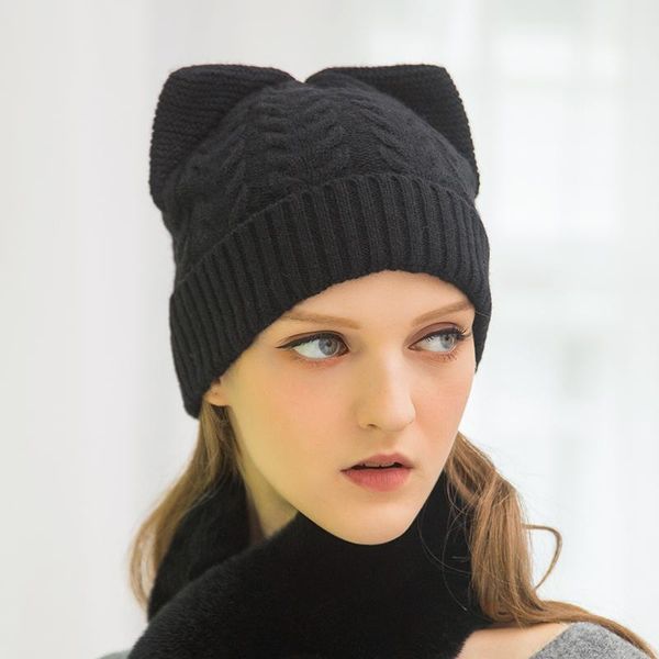 

berets playful cat ears cashmere hat autumn winter thick woolen ladies sweet cute korean warm knitted solid color cap, Blue;gray