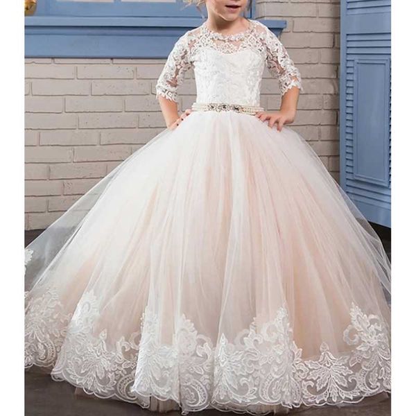 

girl's dresses princess floor length flower girl party tulle half sleeve jewel neck with appliques, Red;yellow