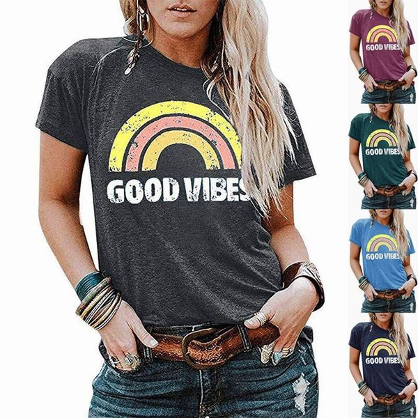 

good vibes rainbow print t-shirt women cotton short sleeve o-neck tee t shirt summer femme harajuku tshirt drop women's, White