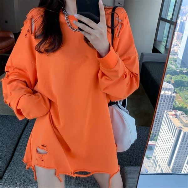 

women's hoodies & sweatshirts female ragged hooded hoodie sweater instagram medium-long black fashion korean version of the loose desig