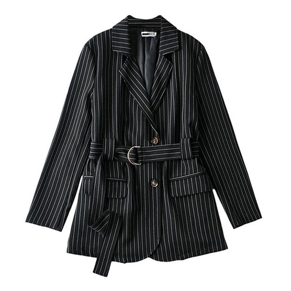 

seebeautiful striped belt casual loose blazer coat notched long sleeve single breasted pocket fashion 2021 spring women e020 women's su, White;black