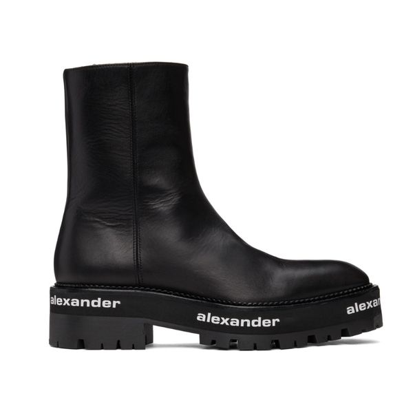 

alexander sanford logo smooth leather riding ankle combat boots almond toe slip-on flats platform martin booties luxury designers shoes for, Black