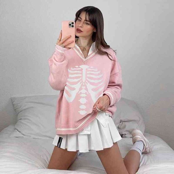 

women's sweaters fall knitted pink women skeleton print long sleeve v-neck pullover female korean preppy style kawaii jumpers 3n2z, White;black