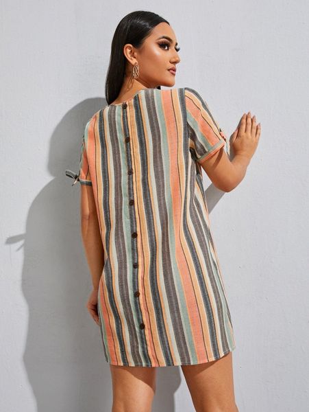 

buttoned back knot cuff striped dress 06na#, Black;gray