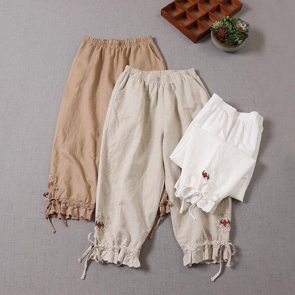 

women's pants & capris japanese female cotton and linen lace embroidery casual elastic waist n821-336, Black;white
