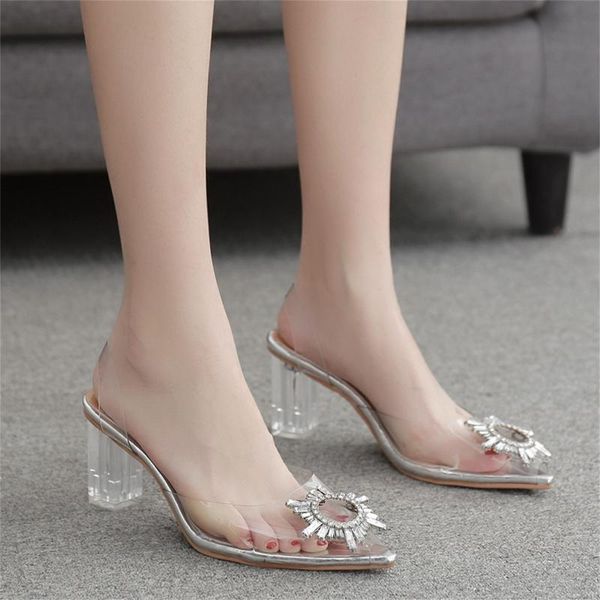 

sandals fashion pvc women summer open toed high heels crystal transparent heel slippers party shoes pumps zapatillas mujer casa, Black