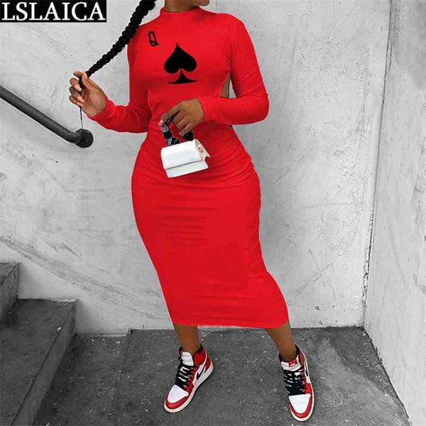 

dress women poker print autumn stand collar backless long sleeve hollow bodycon female maxi club party vestidos 210515, Black;gray