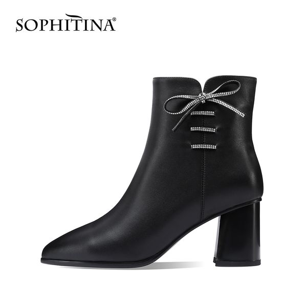 

sophitina winter warm ankle boots woman black genuine leather pointed toe high square heel zipper short boots shoe po904 210513