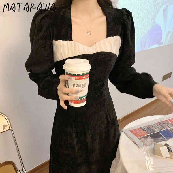 

matakawa hepburn style hit color tube vestido v-neck slim femme robe puff sleeve long dress black dresses for women 210513, Black;gray